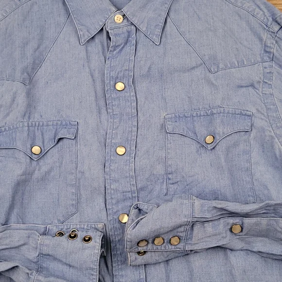 POLO RALPH LAUREN Light Blue Weave Cotton Medium Snap Western Long Sleeve Shirt - Picture 5 of 7